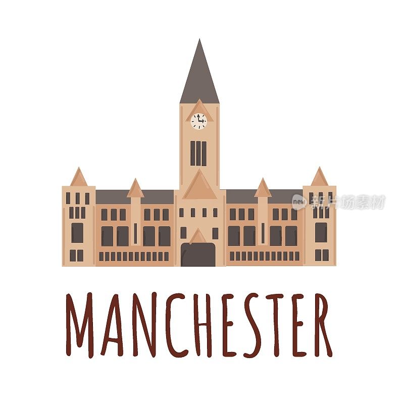 Town Hall building of Manchester. Vector illustration of famous United Kingdom city, flat style. Travel landmark of Great Britain icon
